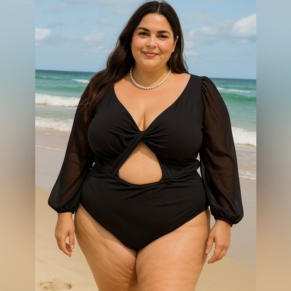 Black Sheer Long Sleeve Tummy Control Key Hole Swimsuits For All- NWT Size 14